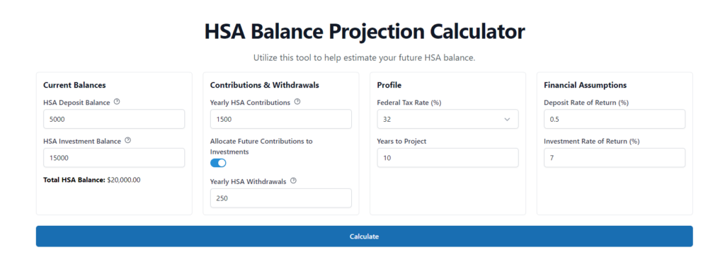 Inputs for the HSA balance projection tool on a desktop screen